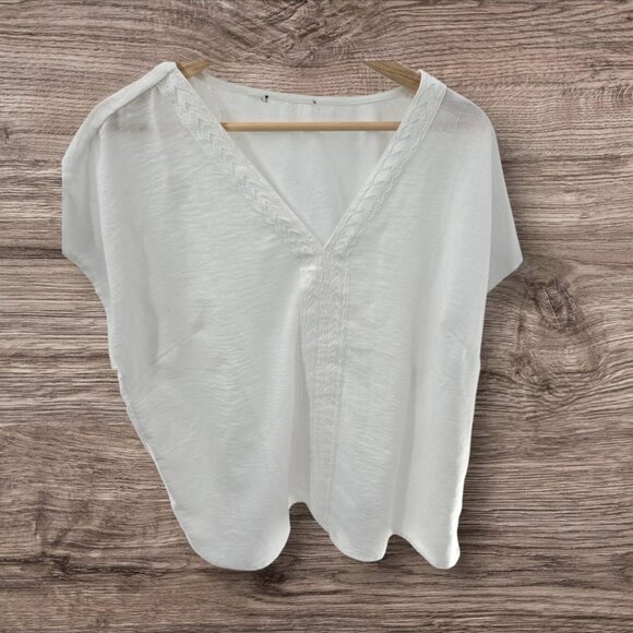 White Embroidered V-Neck Gauze Blouse - Picture 1 of 13